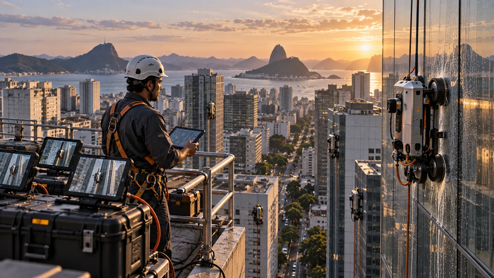 Trabalhador no alto de um edifício opera simultaneamente várias máquinas autônomas de limpeza de fachadas
