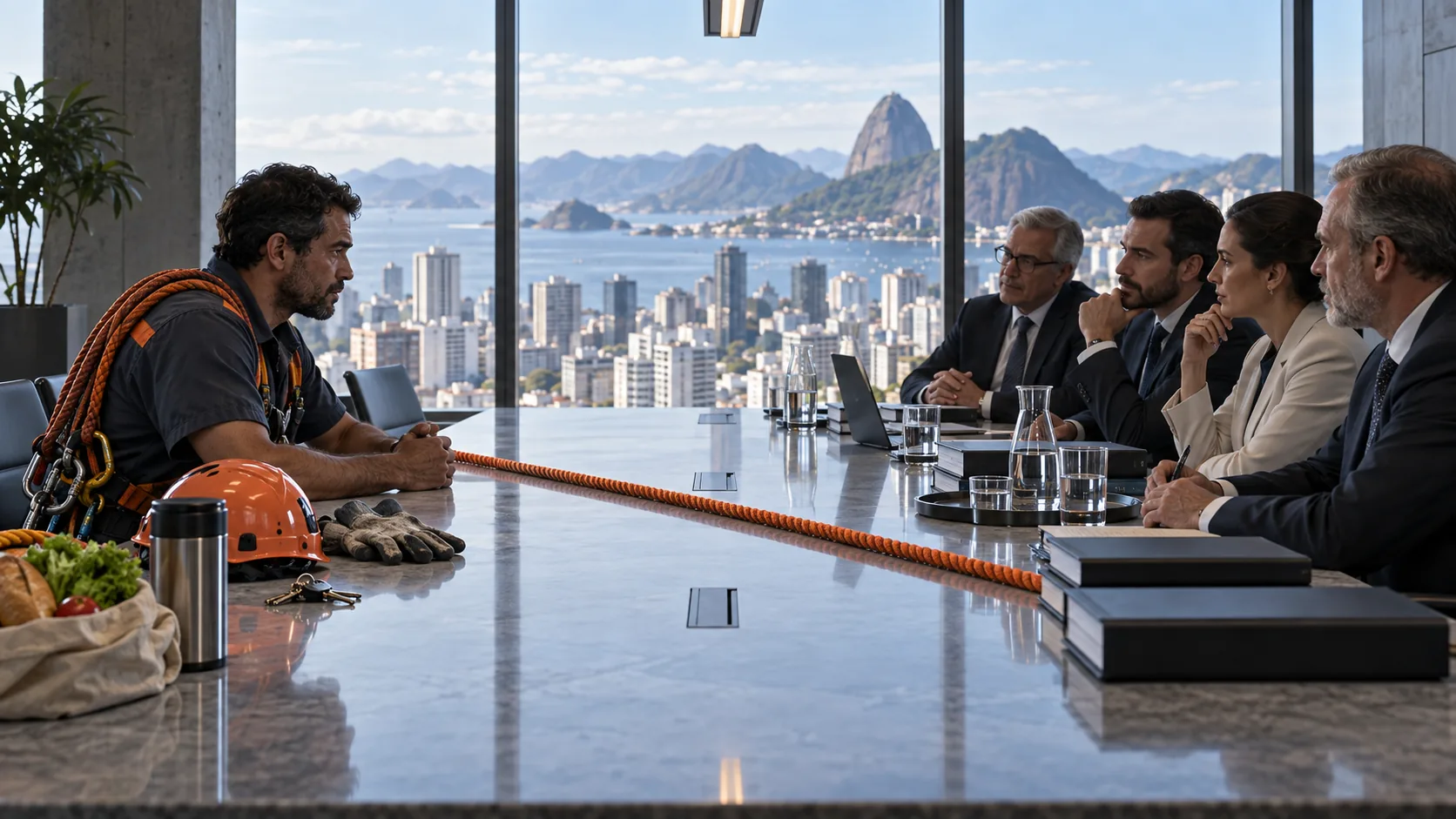 Trabalhador sozinho de um lado de uma mesa negocia diante de um grupo de executivos, com uma corda laranja separando as duas posições