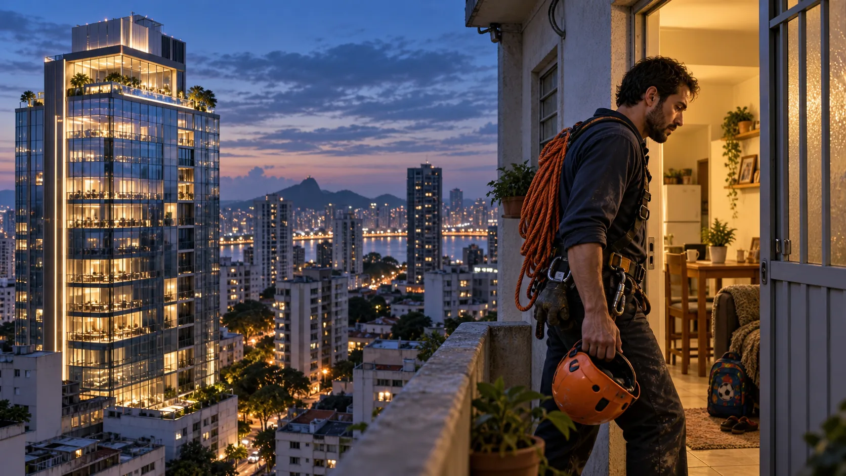 Trabalhador retorna com seu capacete e sua corda a um apartamento modesto enquanto o edifício de luxo que mantém aparece iluminado ao fundo