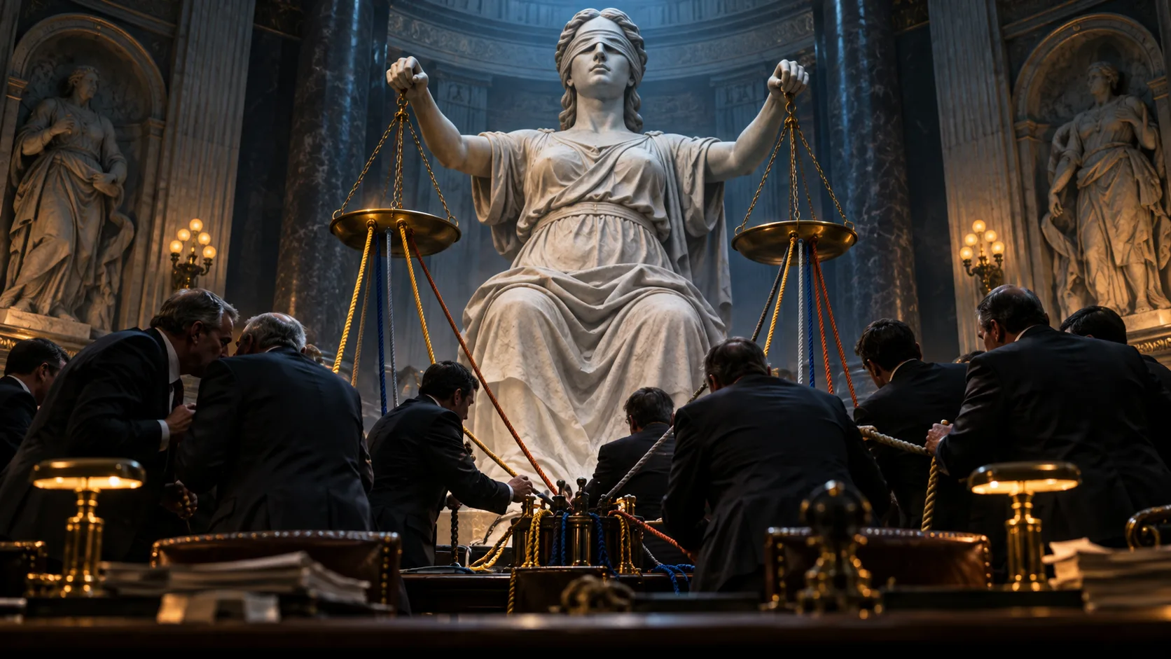 Políticos tramando com cordas diante de uma grande estátua vendada da Justiça e suas balanças