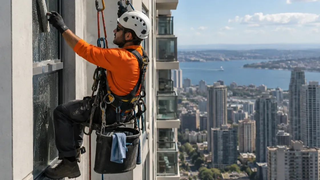 Trabalhador suspenso por duas cordas limpa a janela de um edifício alto enquanto a cidade se estende ao fundo