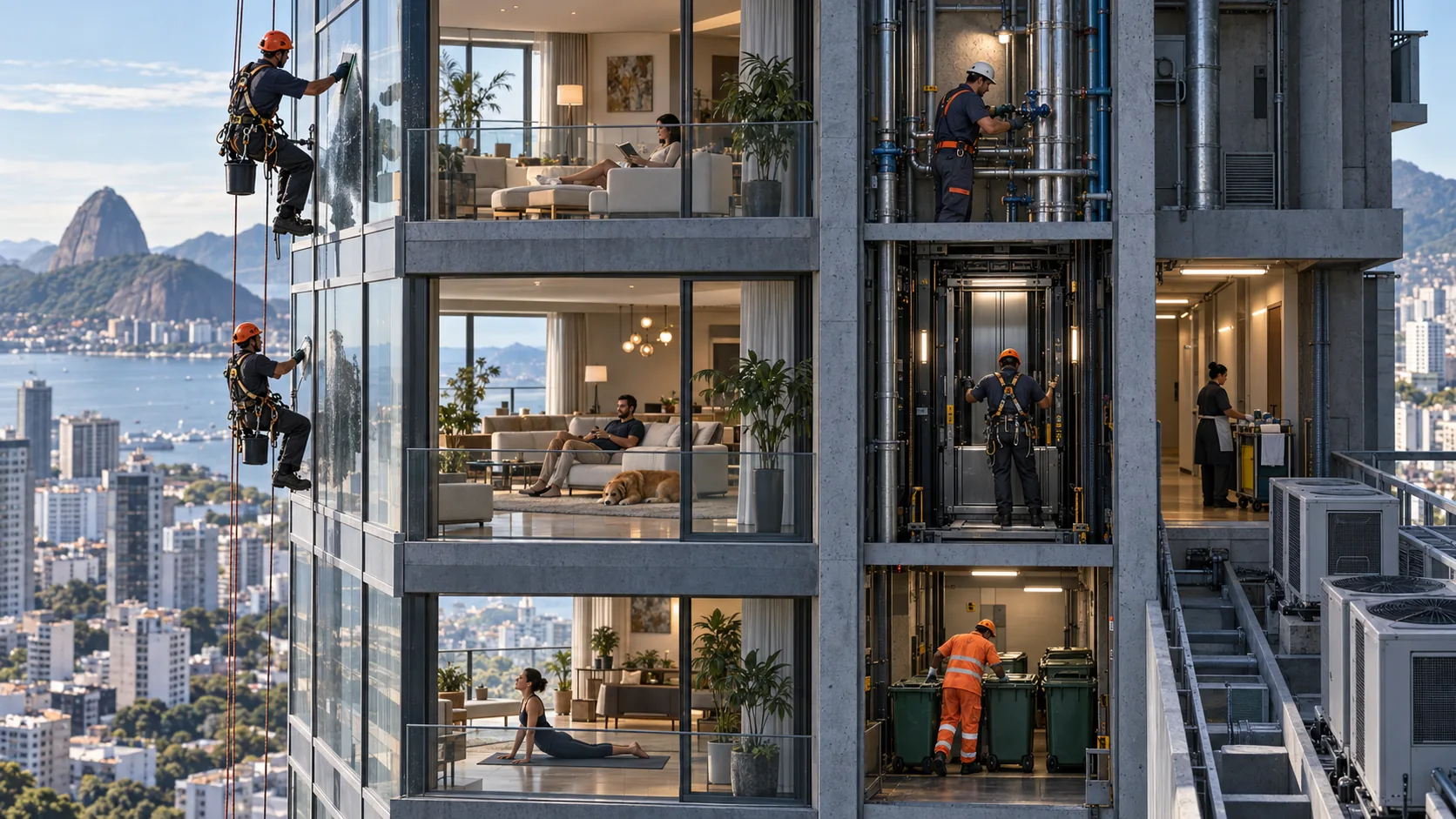 Corte de um edifício revela moradores nos apartamentos e trabalhadores limpando a fachada, reparando tubulações, mantendo o elevador e recolhendo resíduos