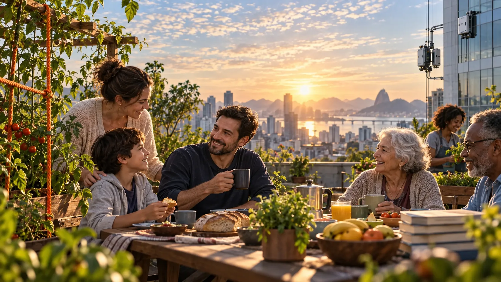 Trabalhador compartilha uma manhã tranquila com família e vizinhos em um jardim coletivo enquanto máquinas fazem a manutenção segura de um edifício ao fundo