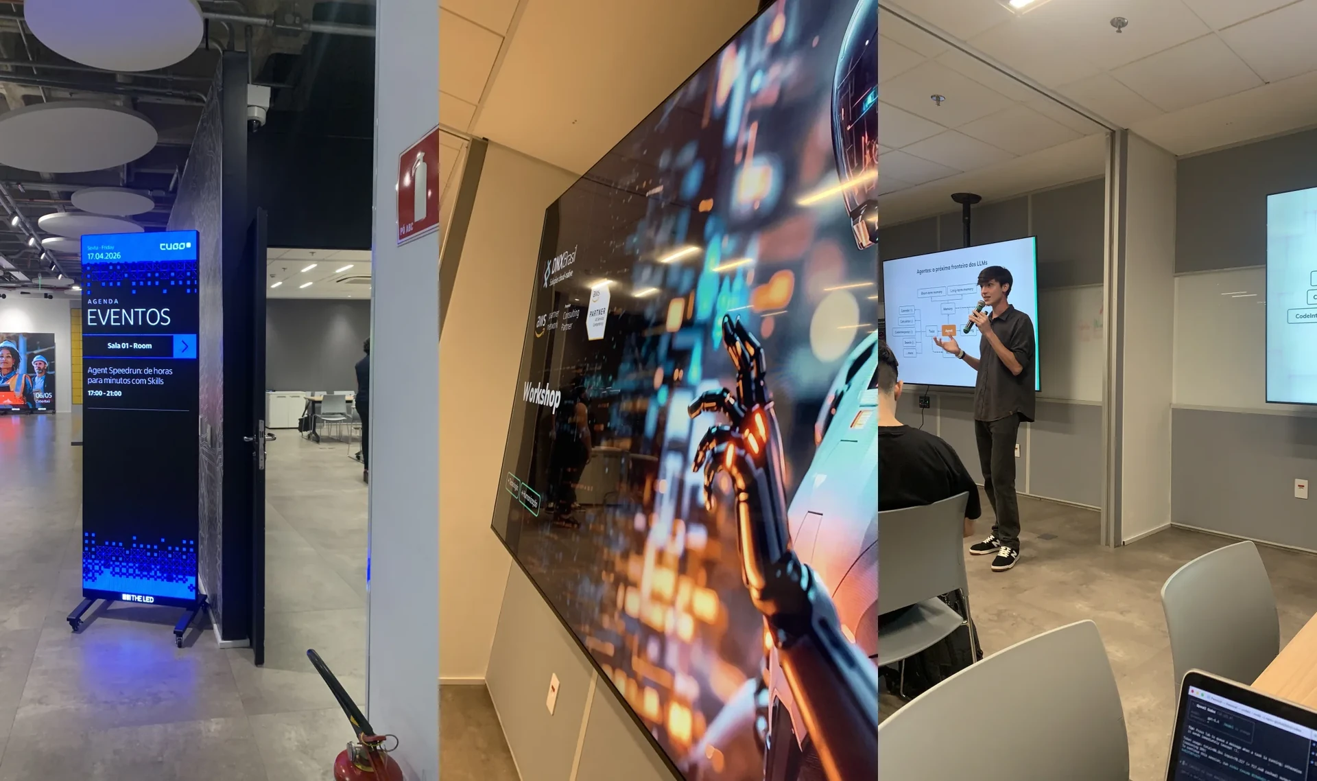 Composição com três cenas do workshop mostrando a plateia, a apresentação e o espaço no Cubo Itaú