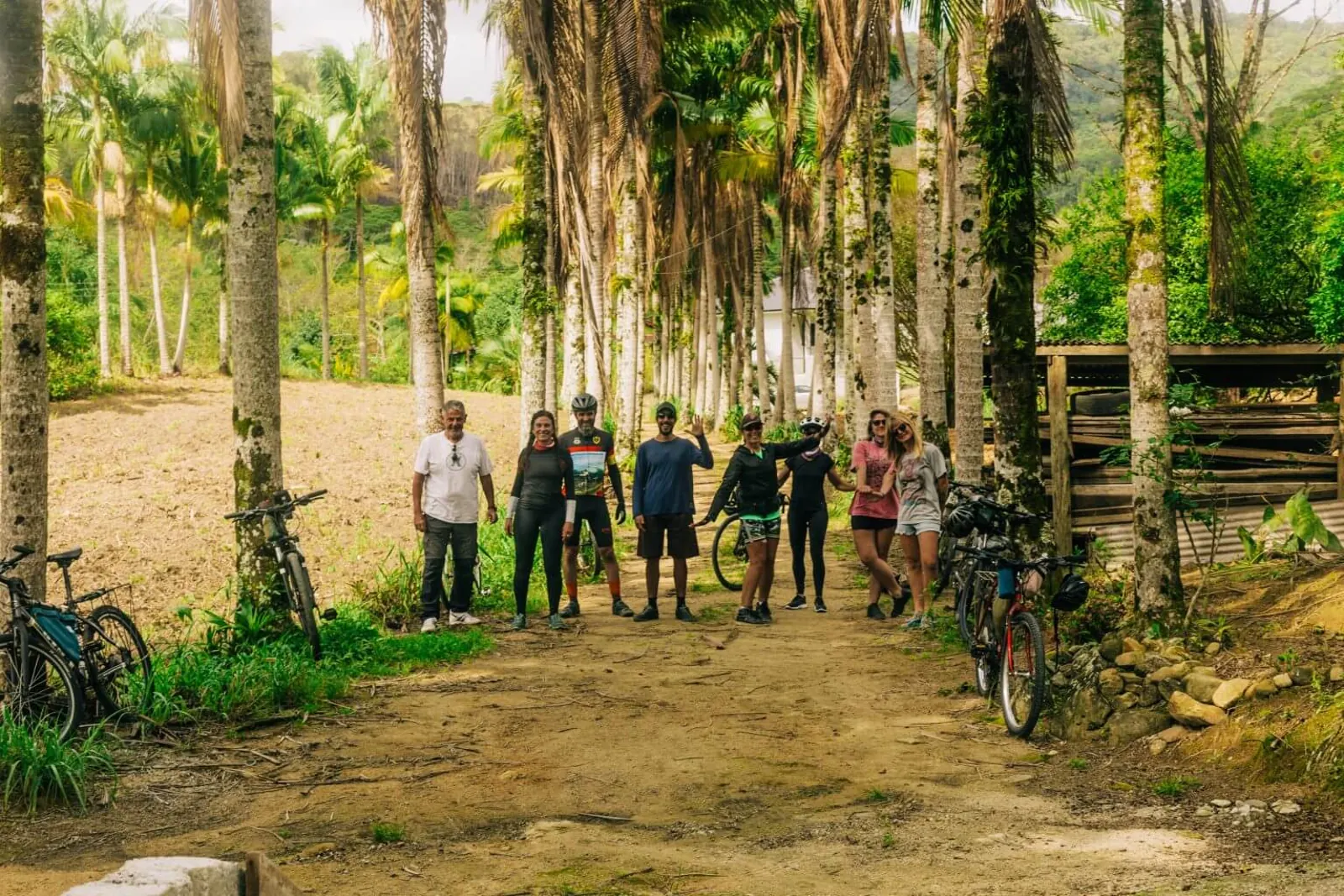 Grupo de ciclistas reunido entre árvores durante o reconhecimento da rota