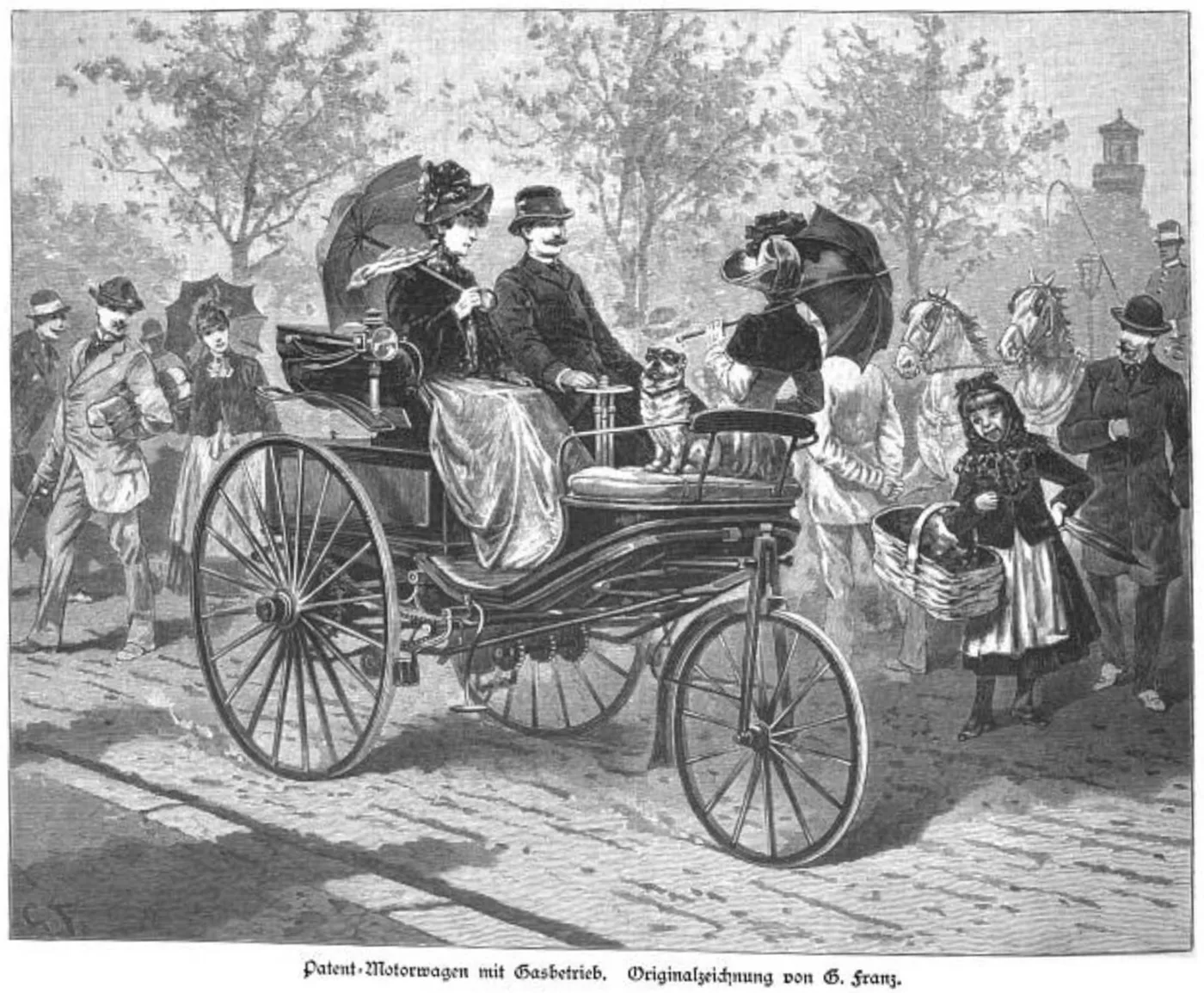 Ilustração de 1888 do Benz Patent-Motorwagen, considerado o primeiro automóvel moderno com motor a gasolina