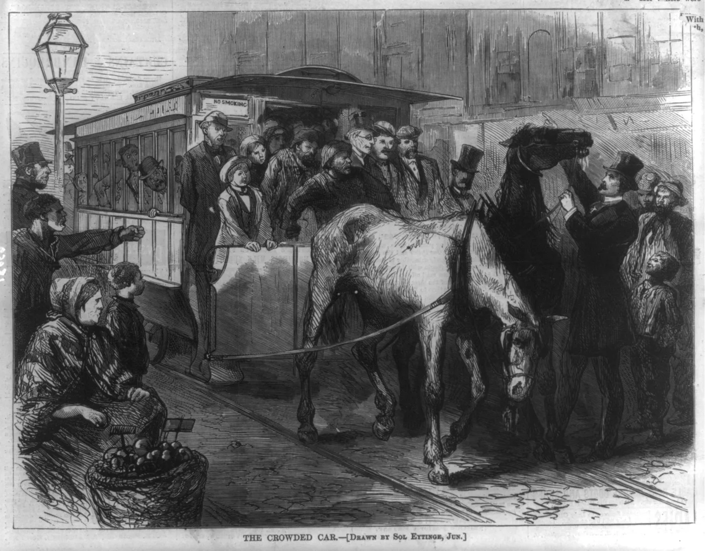 Gravura de 1872 mostrando dois cavalos incapazes de puxar um bonde lotado em Nova York