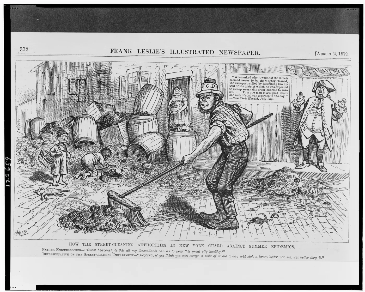 Ilustração de 1879 mostrando agentes de limpeza de rua em Nova York tentando conter sujeira e risco sanitário