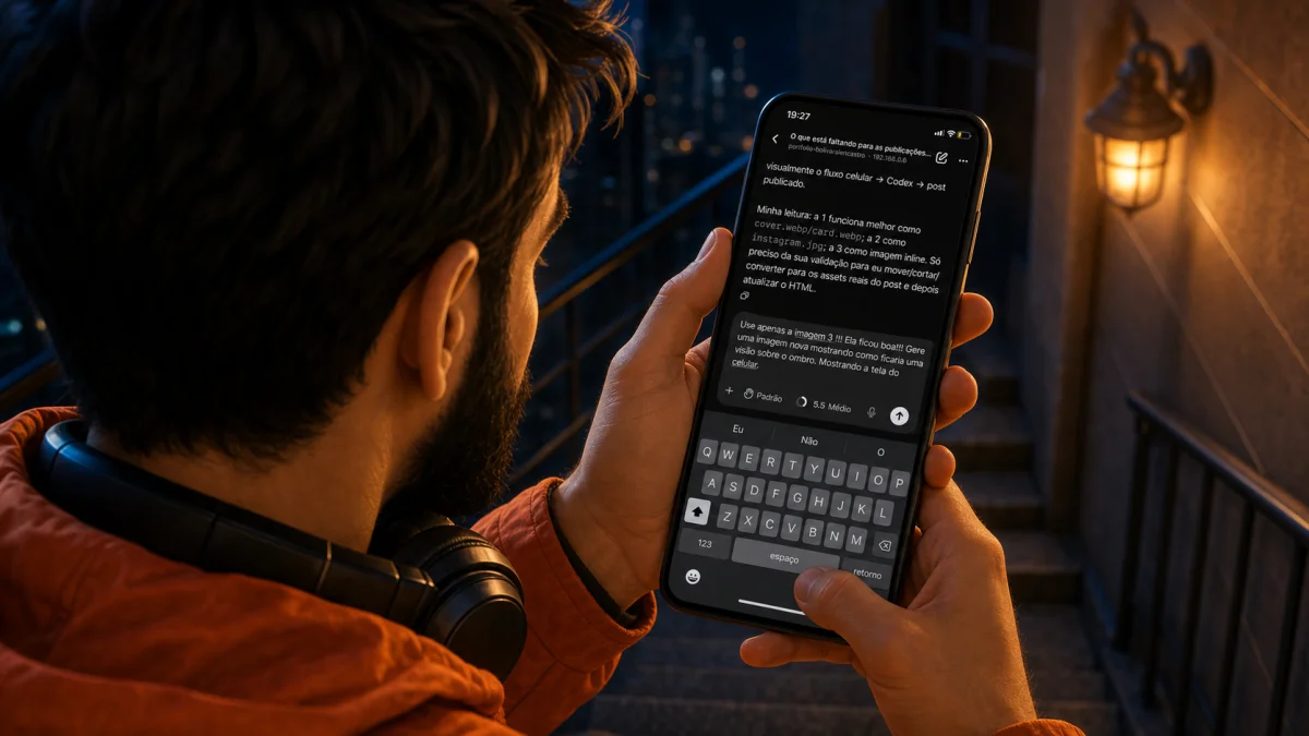 Visão sobre o ombro de uma conversa com o Codex no celular durante a criação do post