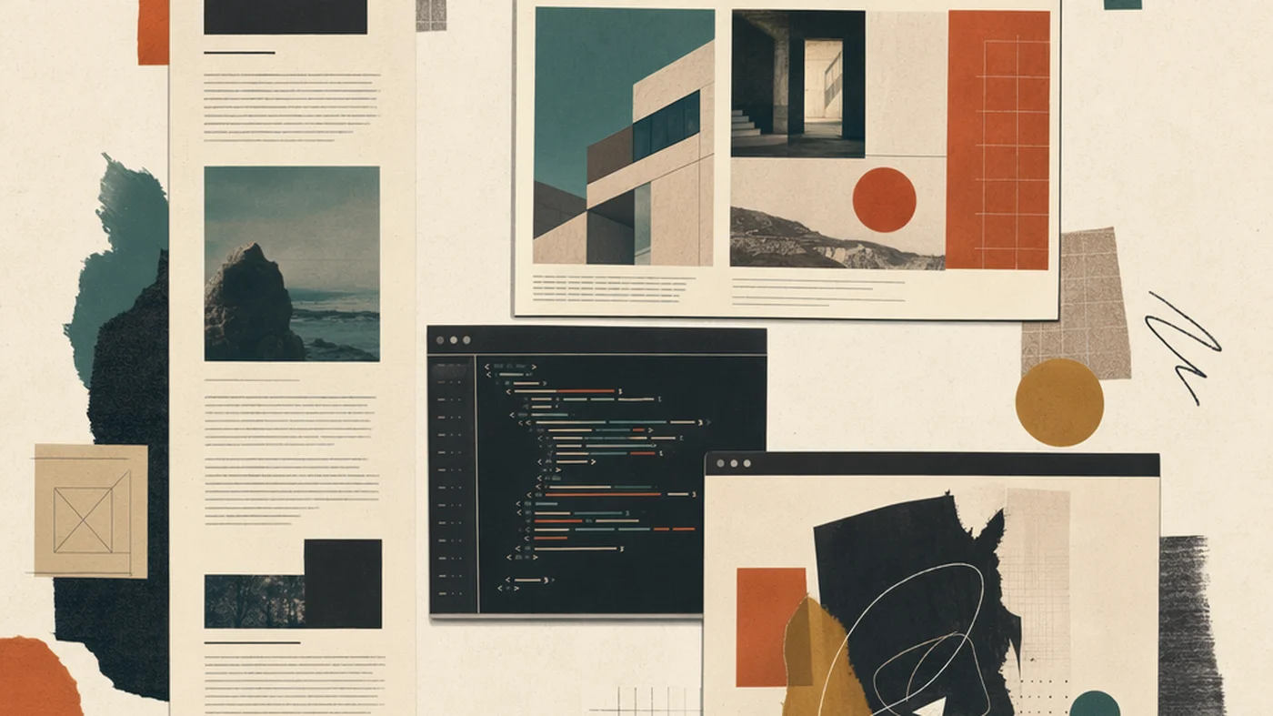 Composição editorial com blocos de interface, trechos de HTML e formas gráficas sugerindo páginas com estruturas diferentes