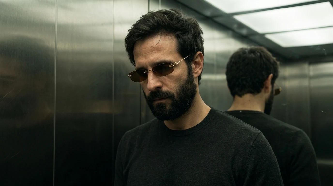Keyframe do personagem dentro do elevador, em close, com óculos escuros e expressão introspectiva