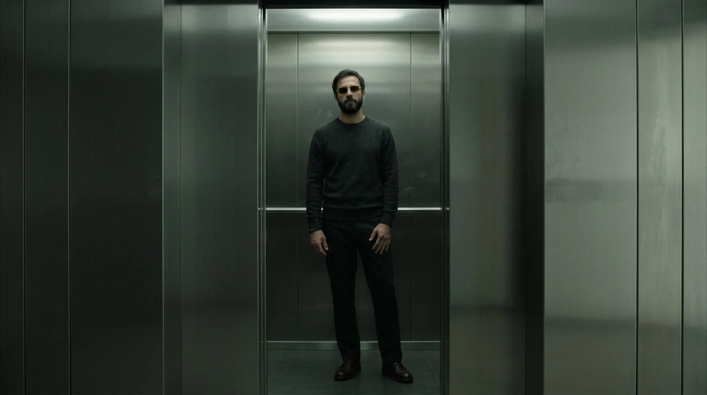 Plano frontal do personagem no elevador, já recomposto, de corpo inteiro, com postura elegante