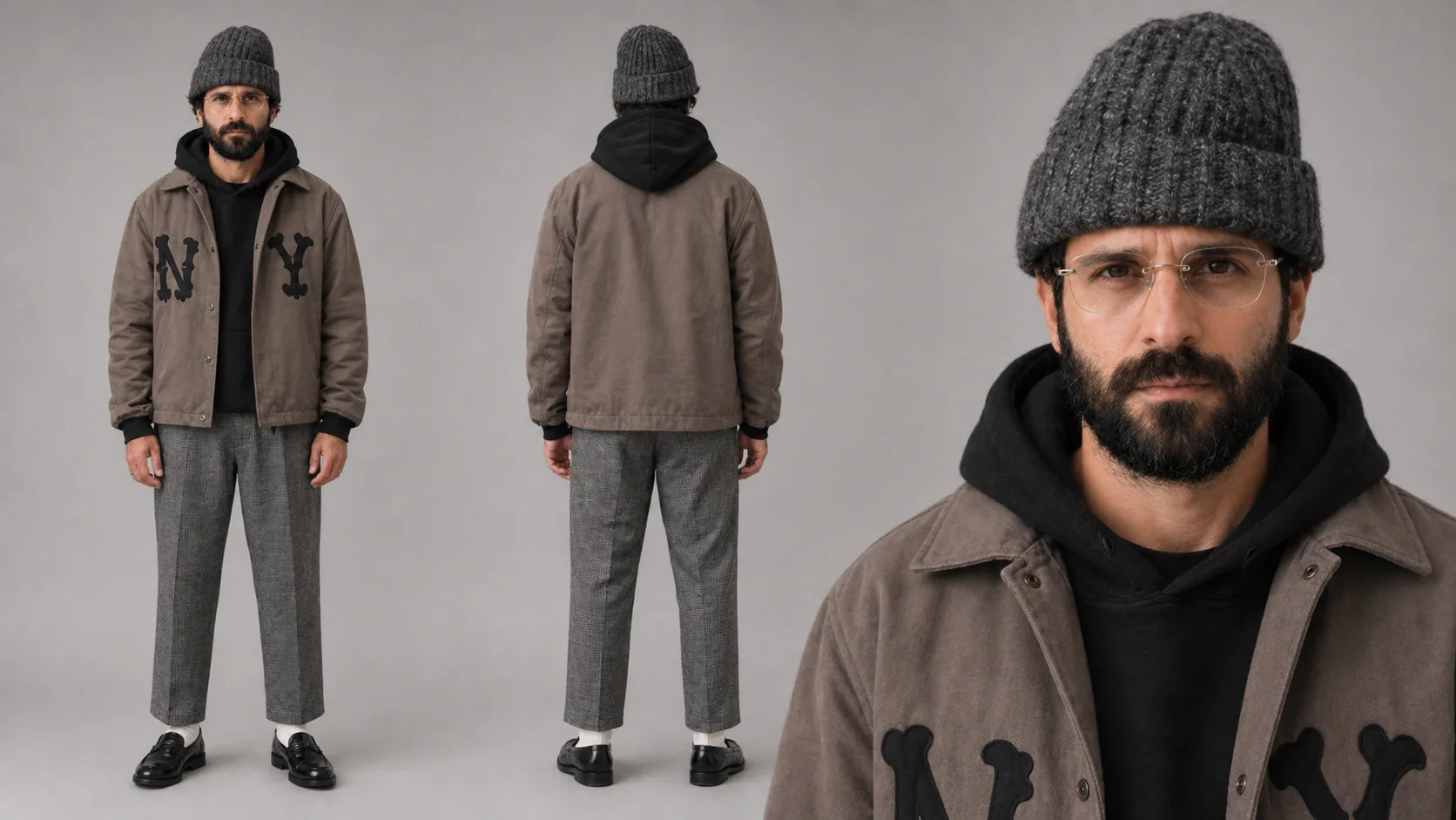 Sheet 16 por 9 do personagem com gorro, jaqueta castanha e close frontal