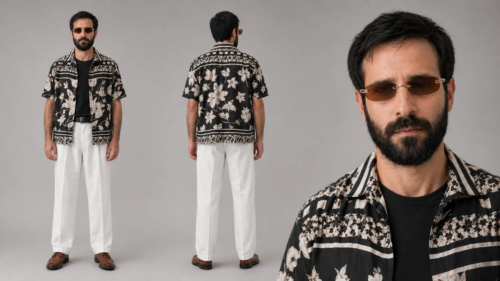 Sheet 16 por 9 do personagem com camisa estampada, calça clara e close com óculos âmbar