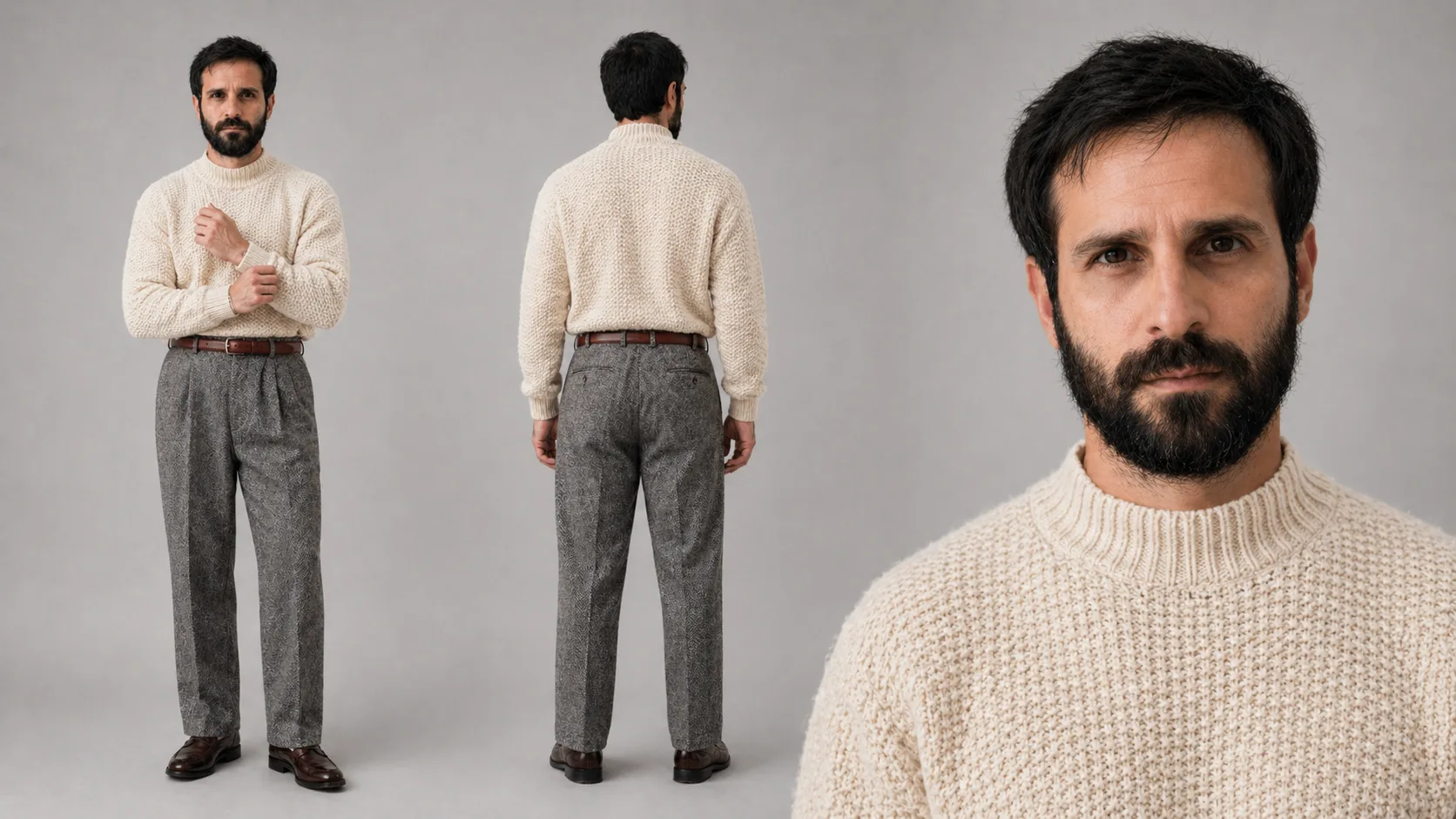 Sheet 16 por 9 do personagem com malha creme e calça de alfaiataria cinza