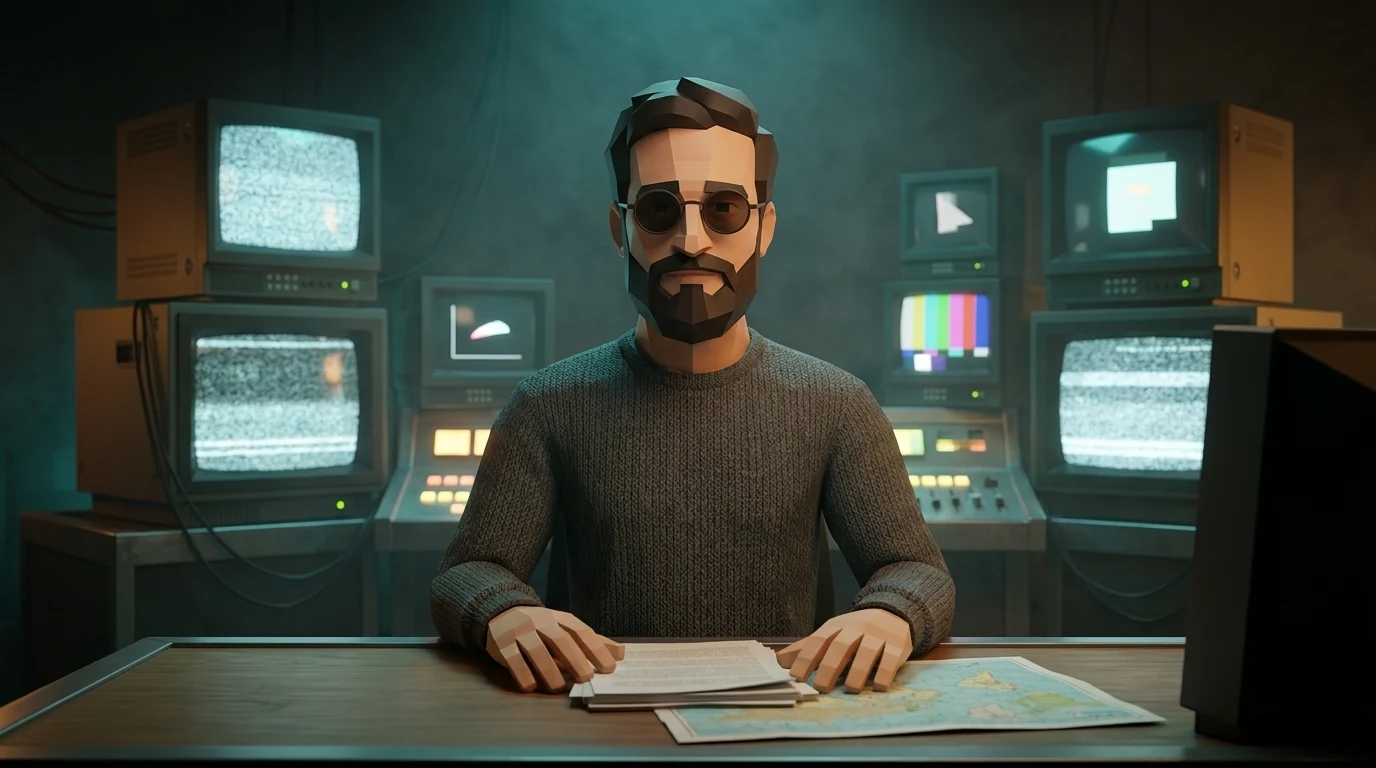Versão lowpoly do apresentador em estúdio retro-tech, usada como experimento para contornar bloqueios de privacidade