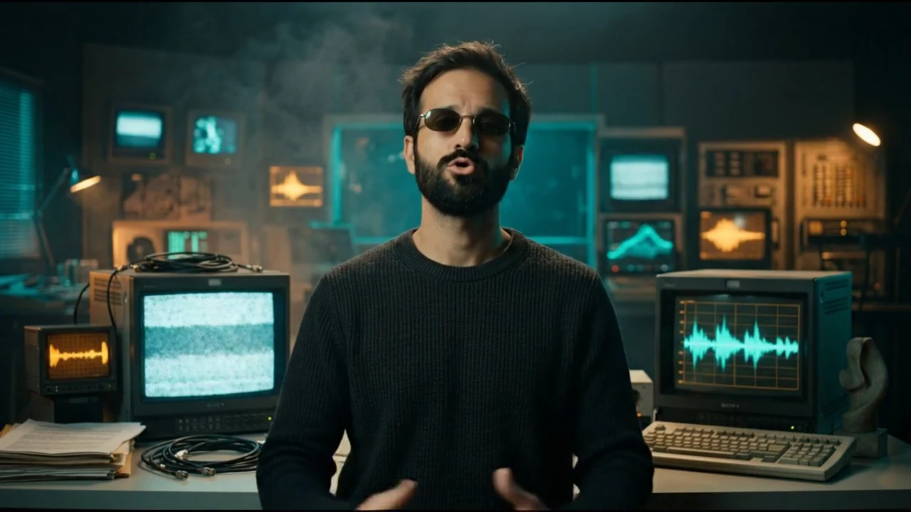 Frame do meta-vídeo com o personagem falando em estúdio retro-tech cercado por monitores CRT
