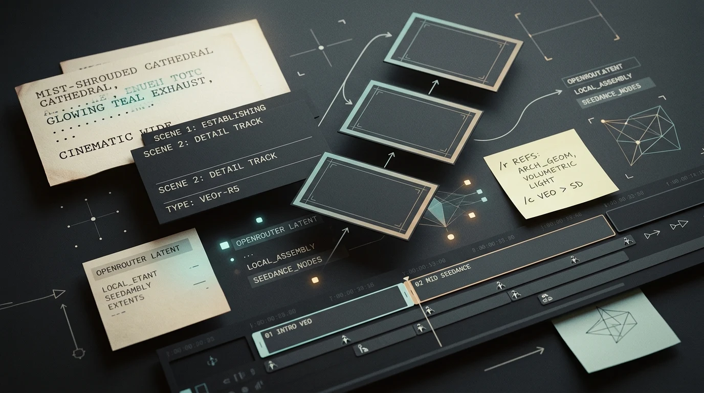 Board editorial com cards de prompt, placeholders de frames e uma linha do tempo de montagem