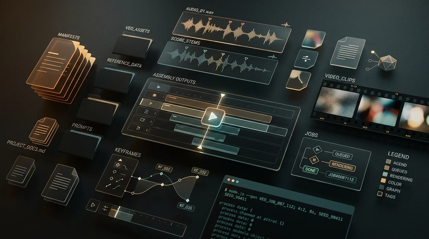 Composição mostrando arquivos, waveforms, keyframes, jobs e saídas de montagem como objetos gráficos