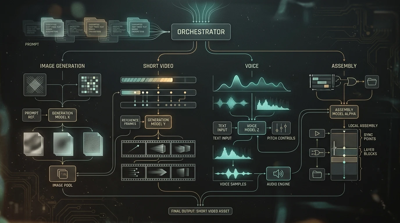 Diagrama visual escuro mostrando a orquestração entre geração de imagem, vídeo curto, voz e montagem