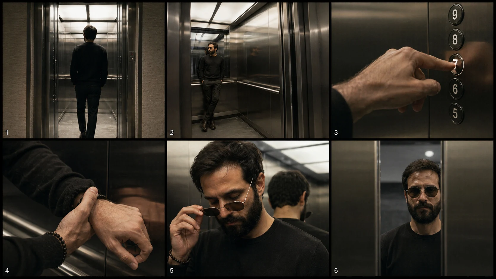 Storyboard em seis quadros para o vídeo do elevador, com entrada, isolamento, botão, pulso, fissura e recomposição