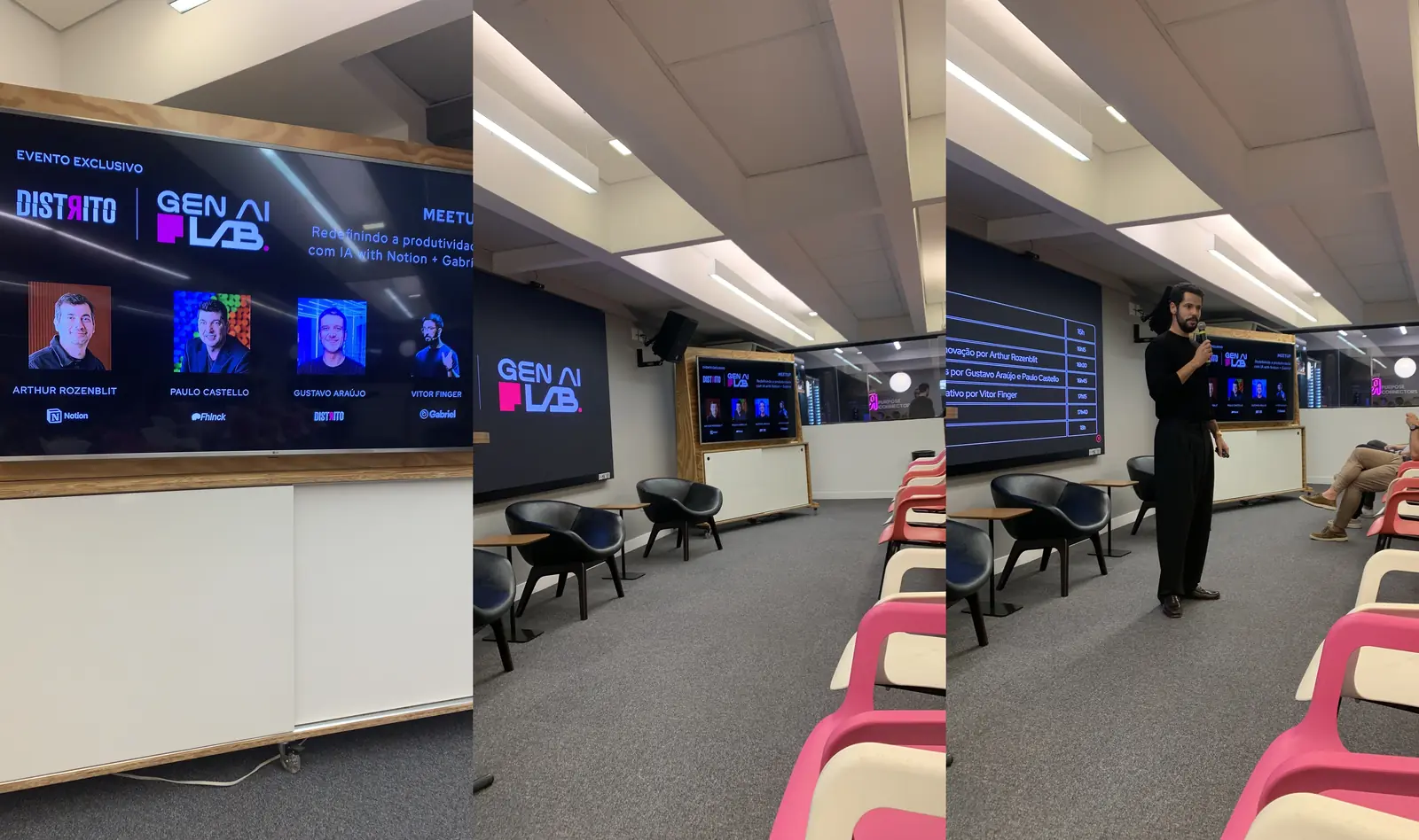 Composição com três imagens dos registros fotográficos do evento AI First no Distrito
