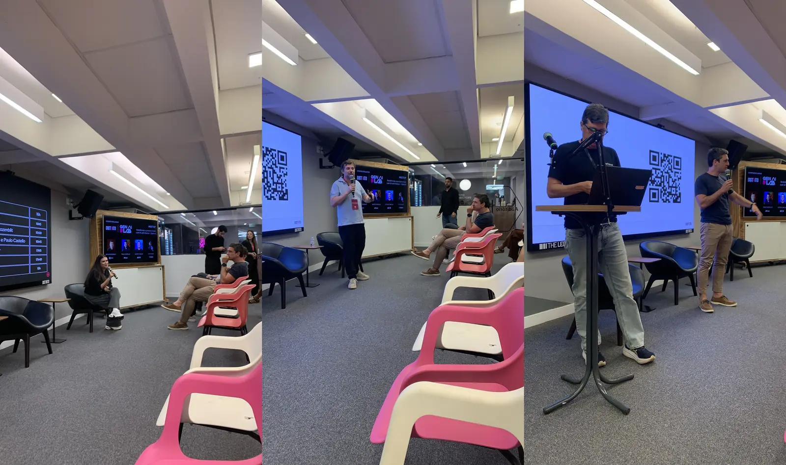 Composição com três imagens das apresentações sobre a integração de agentes e ferramentas corporativas