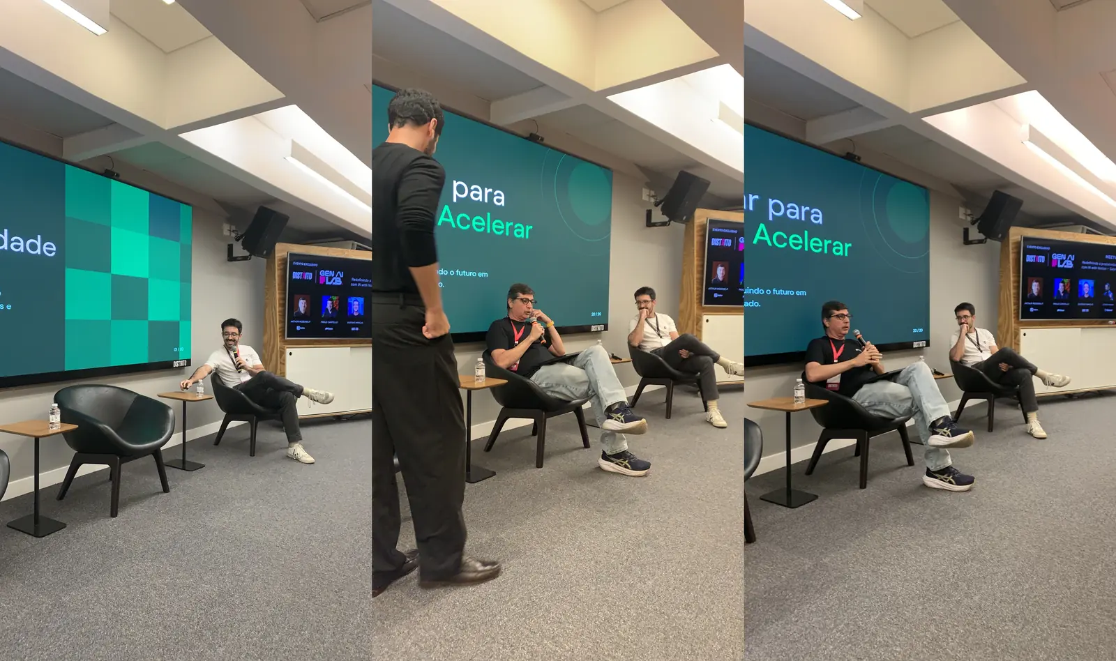 Composição com três imagens do encerramento do encontro AI First e adoção de agentes autônomos