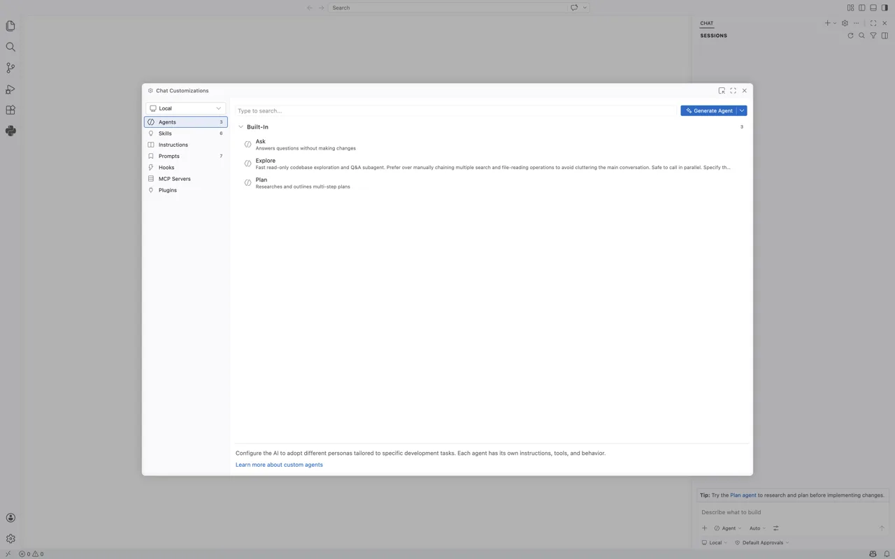 Captura de tela do Visual Studio Code mostrando opções de configuração relacionadas a agentes e customização de IA