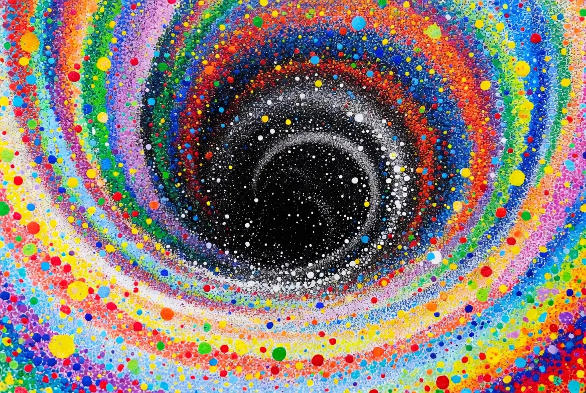 Espiral de pontos coloridos implodindo para dentro, cores vibrantes tornando-se monocromáticas em direção ao centro, técnica de pontilhismo uniforme criando efeito de vórtice