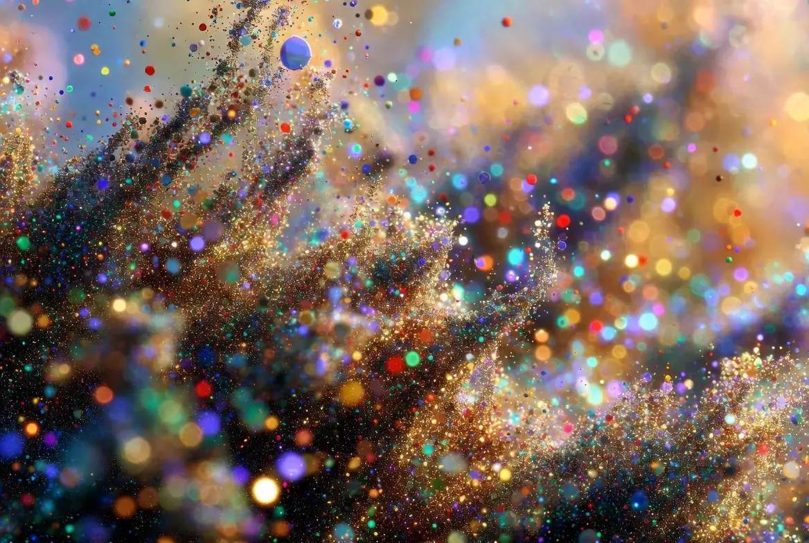 Fragmentos esparsos de pontos luminosos flutuando em espaço aberto, sem ponto central de convergência, caos bonito de cores diversas, cada fragmento único, celebração da incompletude e pluralidade
