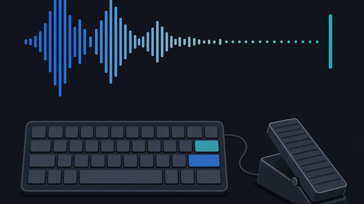 Interface de voz minimalista com ondas sonoras e indicadores de latência baixa, design editorial escuro