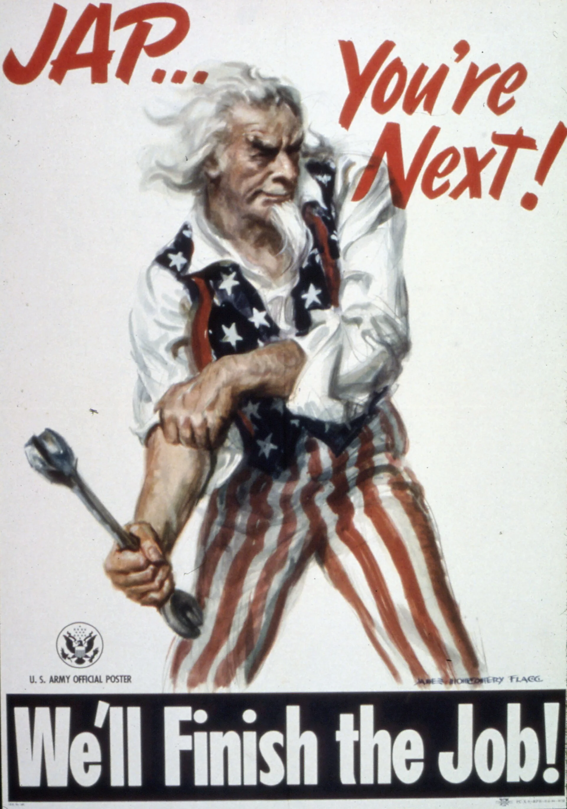 Cartaz histórico de propaganda de guerra com a frase 'Jap... You're Next! We'll Finish the Job', associado ao contexto da Segunda Guerra Mundial e da escalada bélica