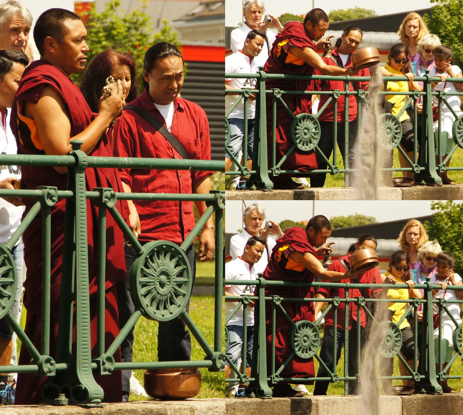 Lama tibetano dispersando areia colorida nas águas de um rio após a destruição ritual de uma mandala de areia, encenando o ensinamento budista sobre impermanência