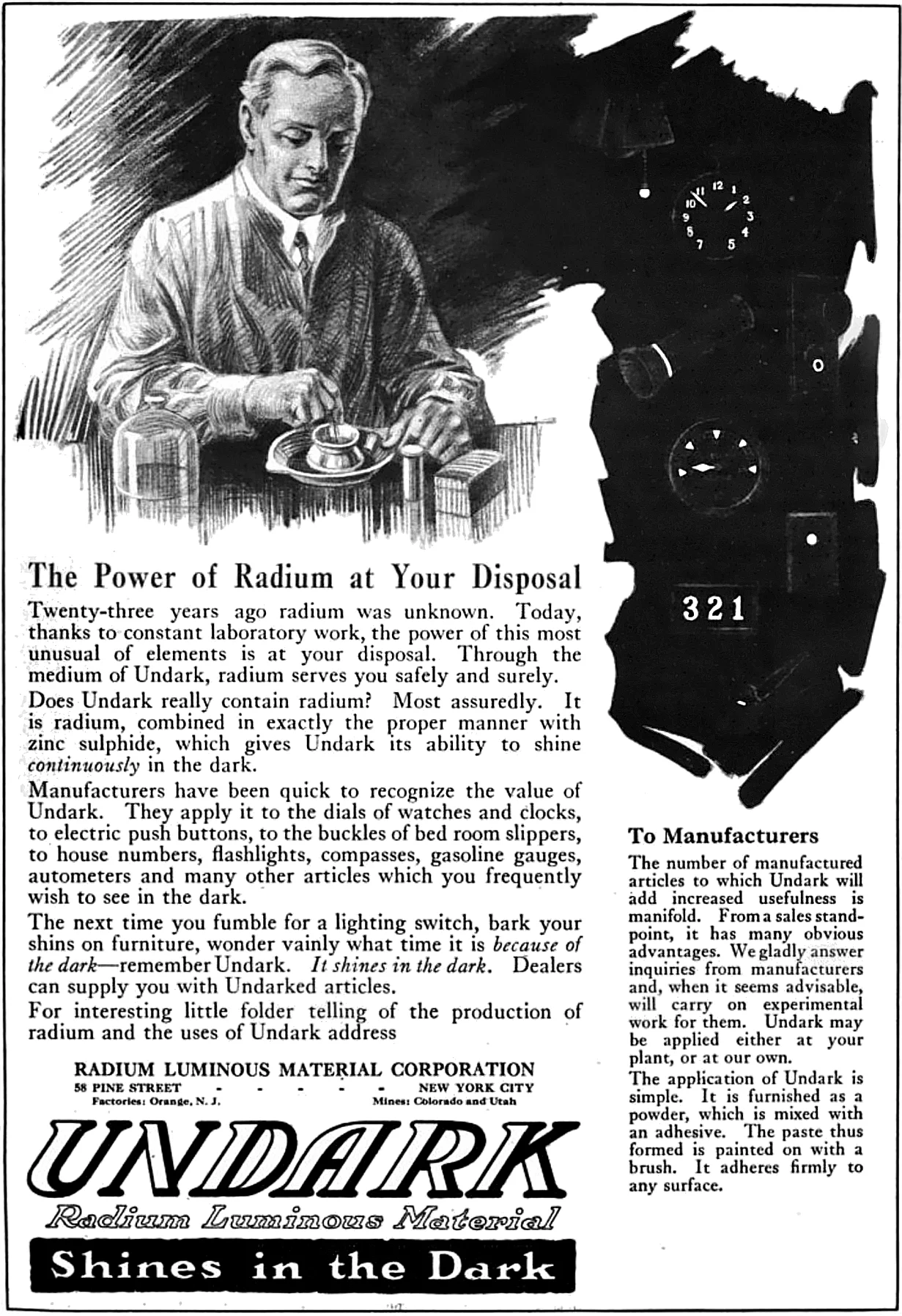 Anúncio publicitário de 1921 da Undark, produto associado ao caso das Garotas do Radium, com texto promocional e ilustração de mostradores luminosos