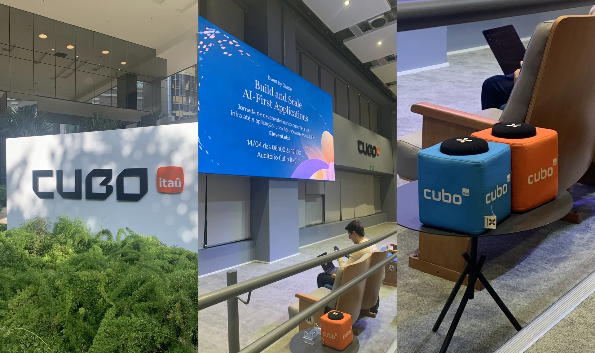 Composição de abertura com três registros do evento Build AI-First Applications no Cubo Itaú