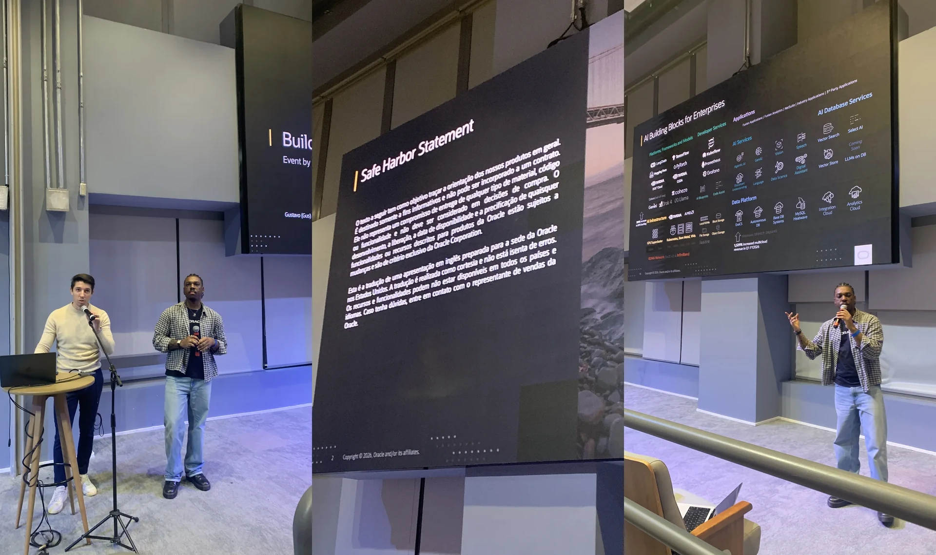 Composição com três registros da apresentação da Oracle no evento AI-First no Cubo Itaú