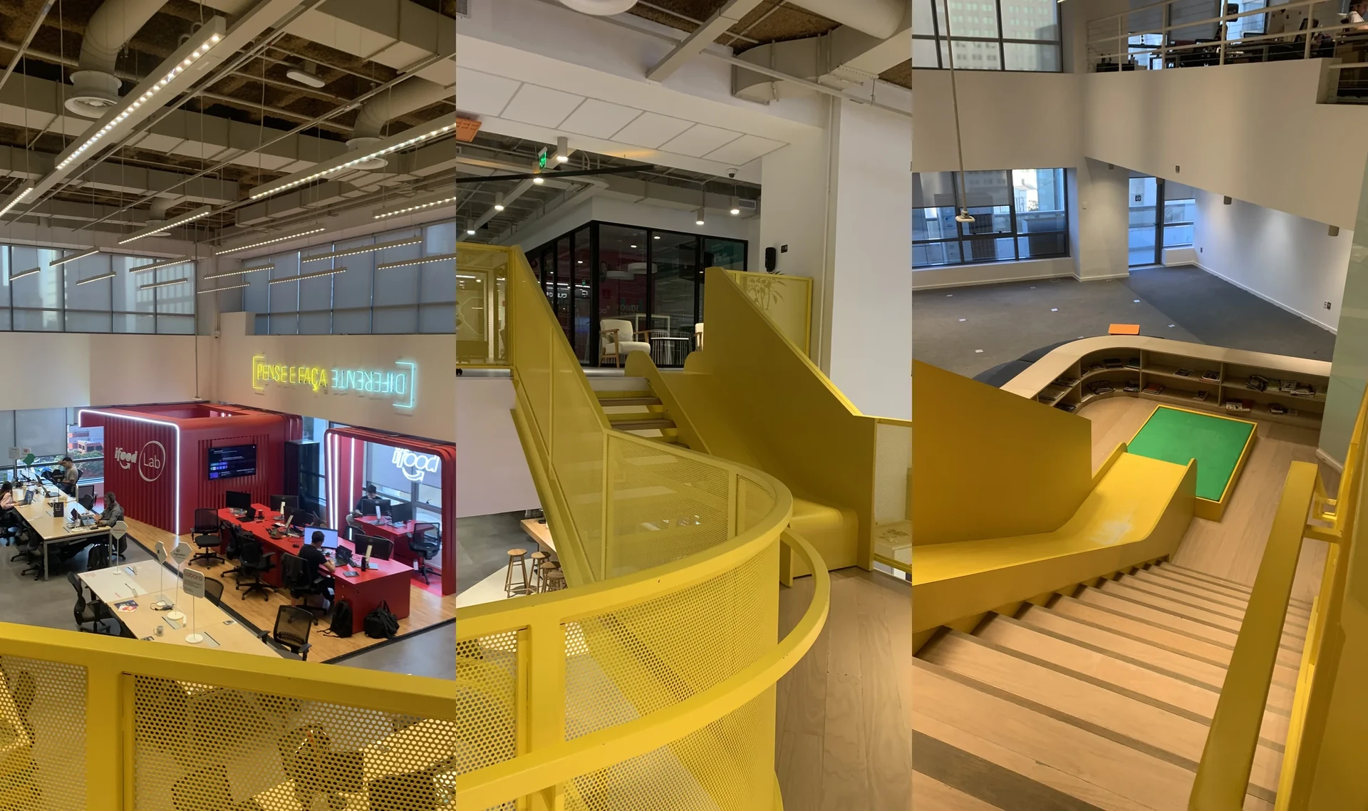 Composição com três imagens da estrutura do Cubo Itaú usada como espaço de trabalho durante o evento