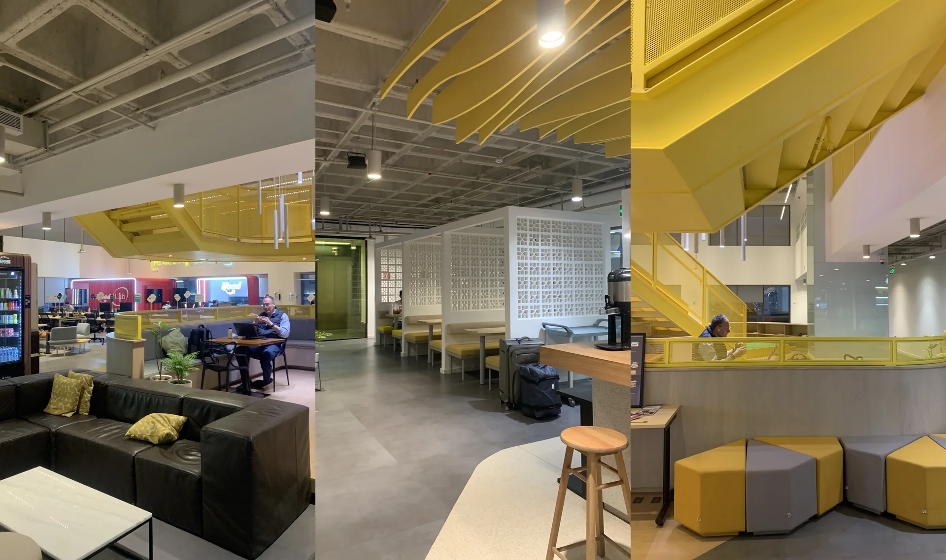 Composição com três imagens da estrutura interna do Cubo Itaú durante a permanência no local