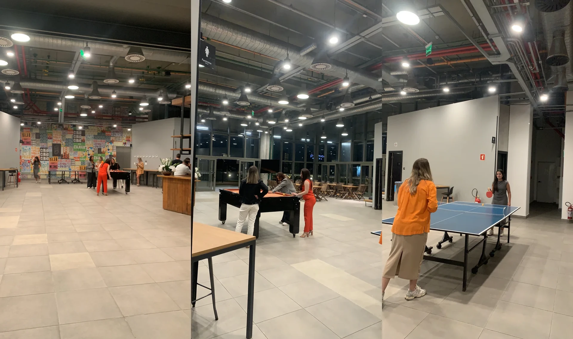 Composição com três imagens da estrutura do Cubo Itaú, entre áreas de trabalho e detalhes do ambiente