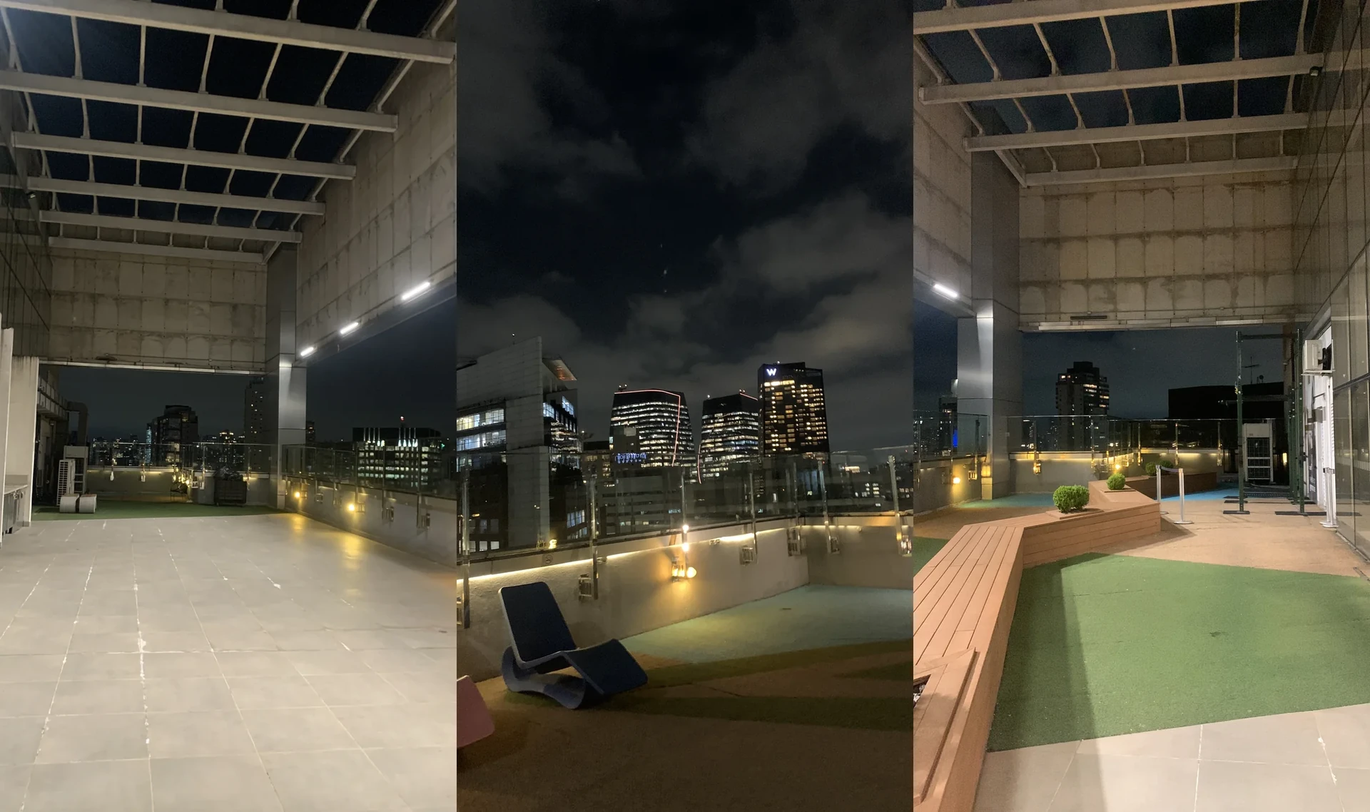 Composição com três imagens finais da estrutura do Cubo Itaú como ambiente de trabalho e permanência
