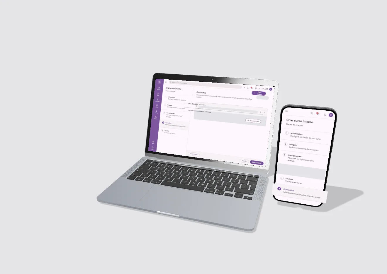 Notebook e celular vistos de um ângulo mais baixo, com a tela de conteúdos da criação de curso e a lista de etapas, sobre fundo cinza.