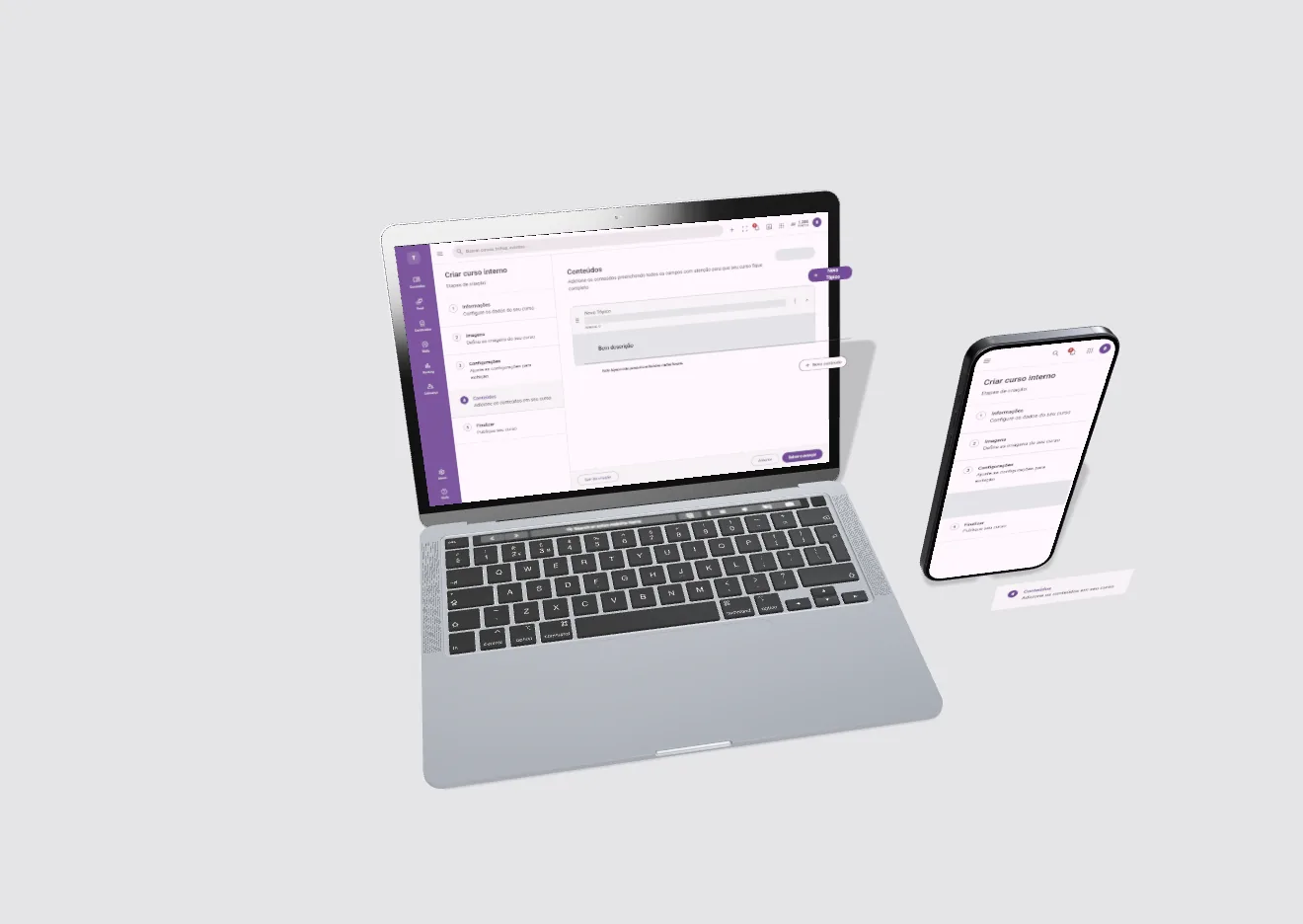 Notebook exibindo a tela “Conteúdos” da criação de curso interno, com um botão “Novo Tópico” e outros elementos elevados; ao lado, um celular com a lista de etapas e a etapa “Conteúdos” em destaque.