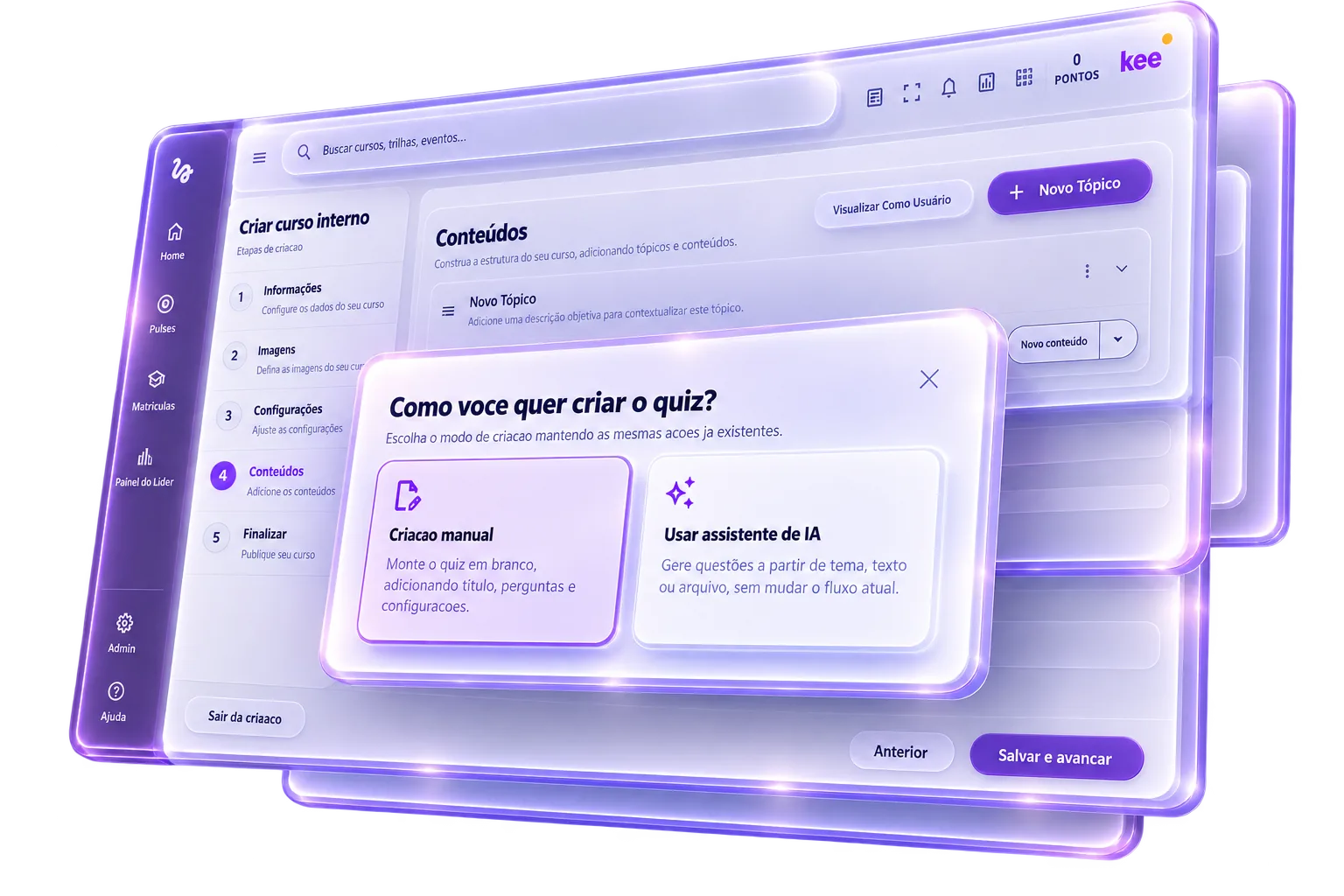 Interface em camadas de vidro roxo brilhante, com a tela “Criar curso interno” e, à frente, um diálogo “Como voce quer criar o quiz?” com as opções “Criacao manual” e “Usar assistente de IA”.