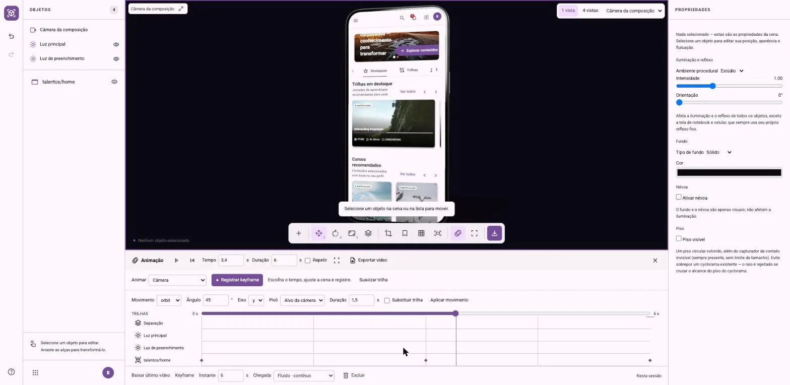 Interface do stage-viewer com um celular 3D exibindo a tela inicial do protótipo sobre fundo escuro e, abaixo, a linha do tempo de animação com trilhas e losangos de keyframe nos instantes 0, 3 e 6 segundos.