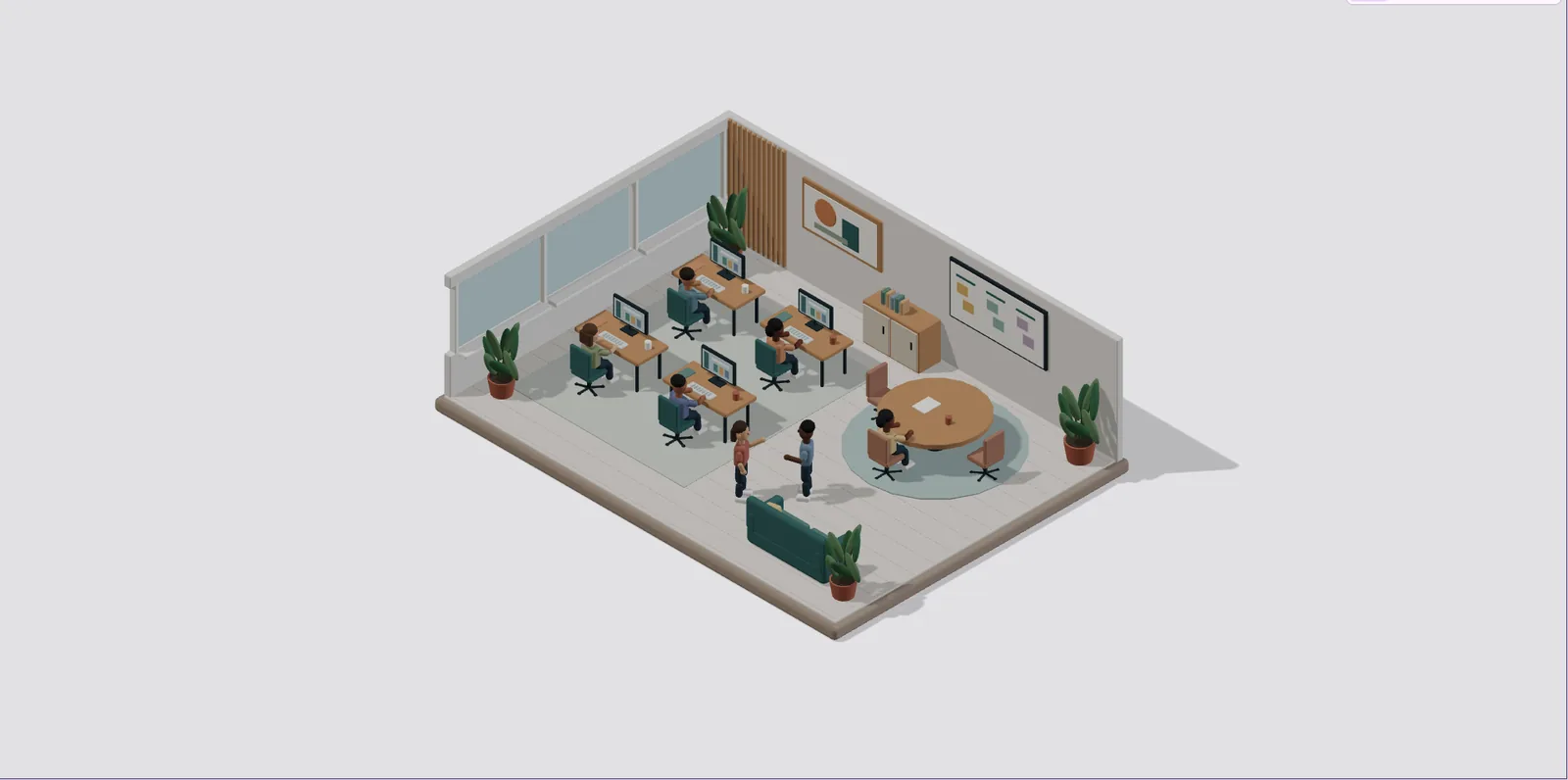 Maquete 3D de um escritório em vista isométrica, com pessoas de formas simples sentadas em mesas de madeira com monitores, duas pessoas em pé conversando, um sofá verde, uma mesa redonda, janelas e um quadro na parede, sobre fundo cinza.