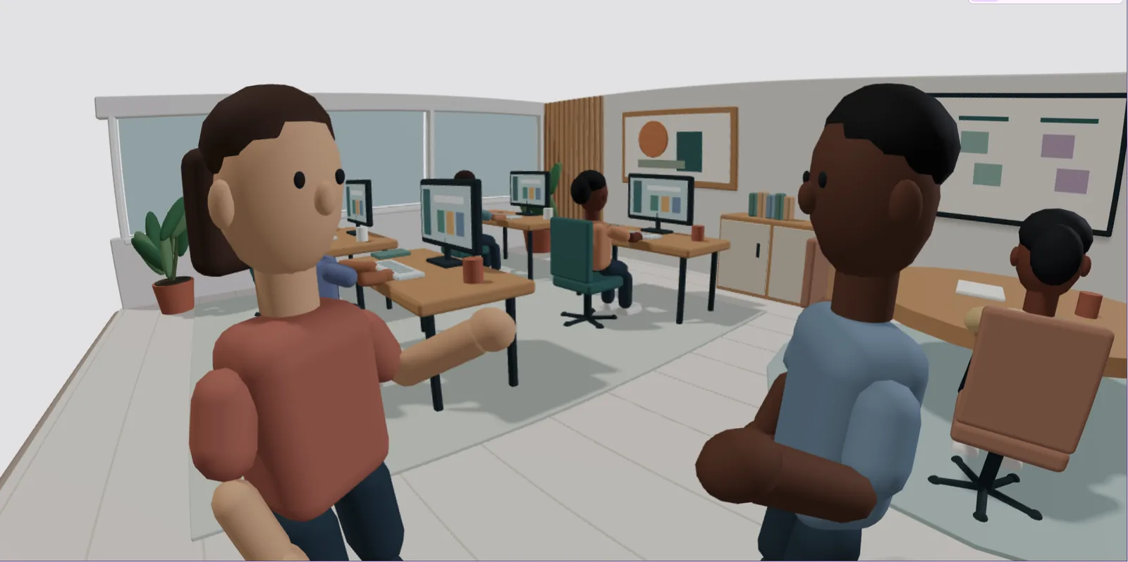 Cena 3D vista de perto de duas pessoas em pé, uma de camiseta vermelha e outra de azul, com mesas, monitores, plantas e um quadro ao fundo.