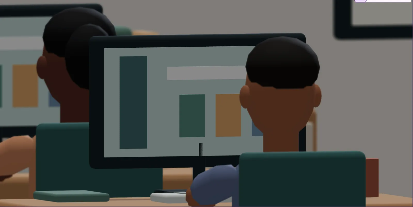 Close em 3D de uma pessoa de costas diante de um monitor, com outra pessoa desfocada ao lado e a parede ao fundo.