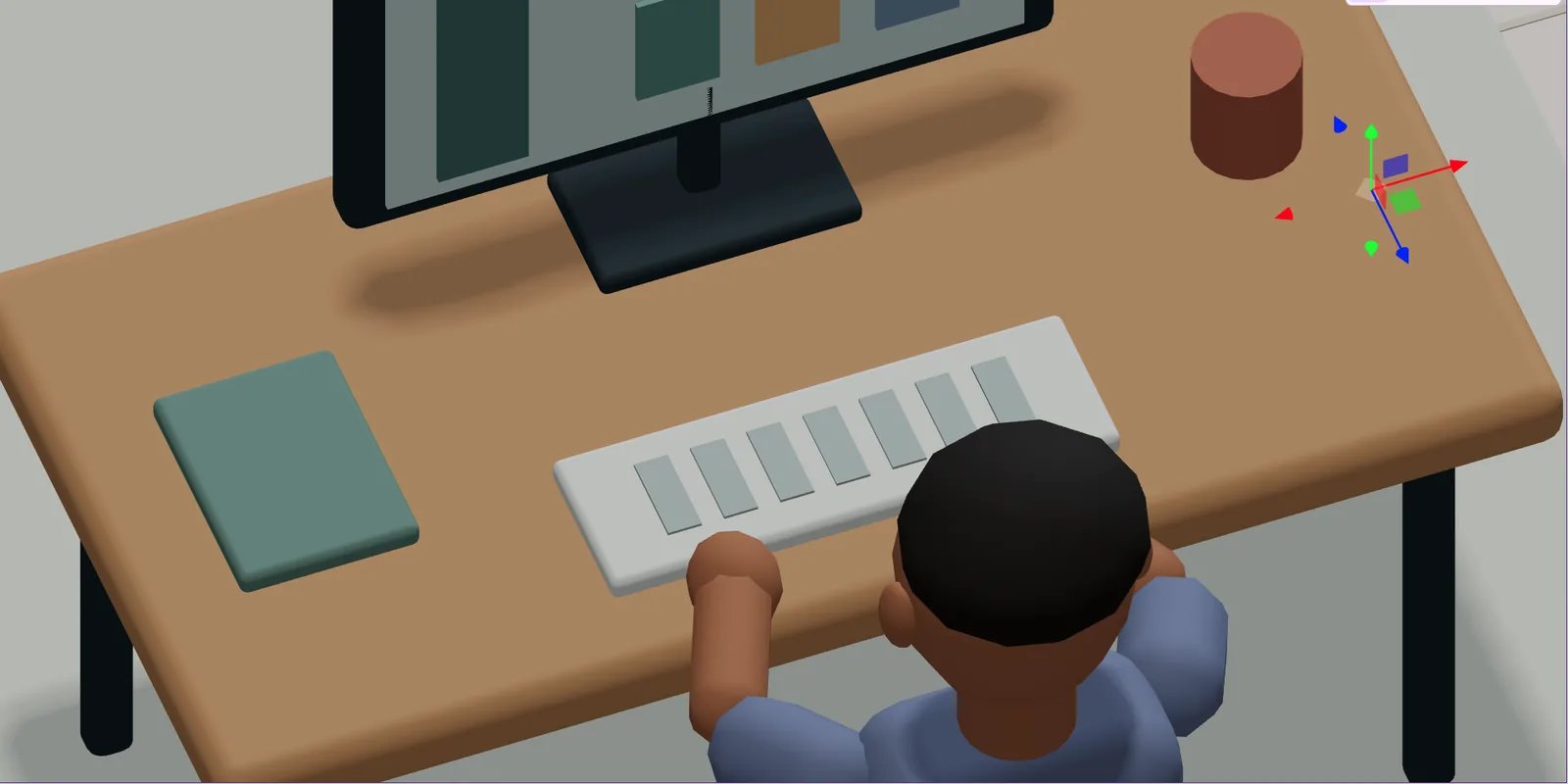 Cena 3D vista de cima de uma mesa, com teclado, monitor, caderno verde e uma cabeça de pessoa na parte de baixo. No canto superior direito, setas coloridas de transformação.