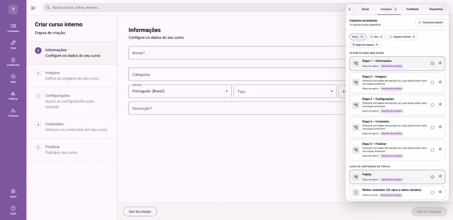 Captura da tela “Criar curso interno” com o formulário da etapa Informações e, à direita, um painel com as abas Áreas, Cenários, Feedback e Requisitos, listando atalhos para as etapas 1 a 5 da criação.